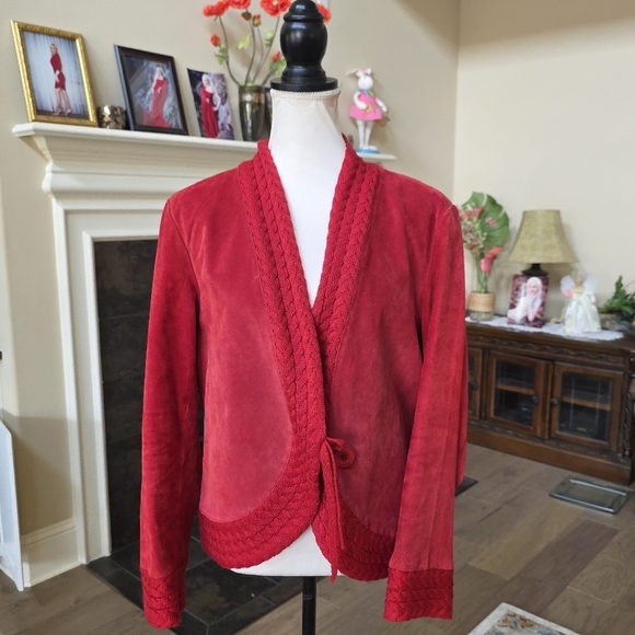Coldwater Creek Red Suede Leather Cable Knit Jacket Size Large L - Picture 11 of 16